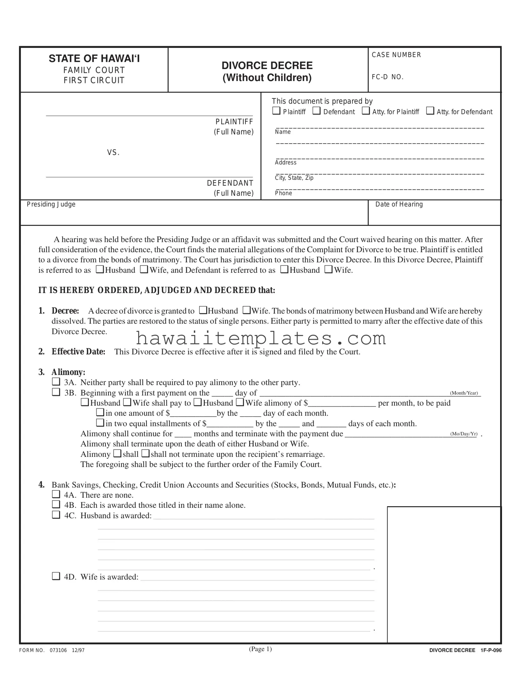 Fill in a Valid Divorce Decree Hawaii Template
