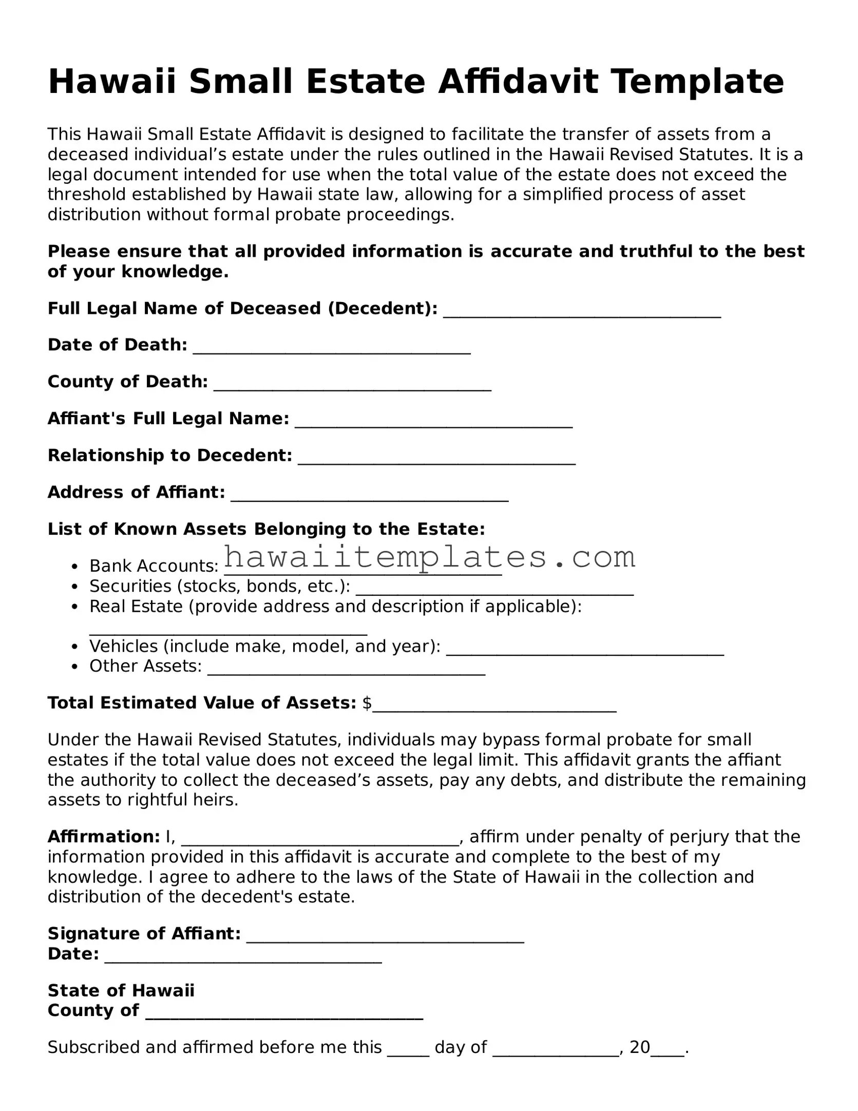 Attorney-Verified Small Estate Affidavit Form for Hawaii State