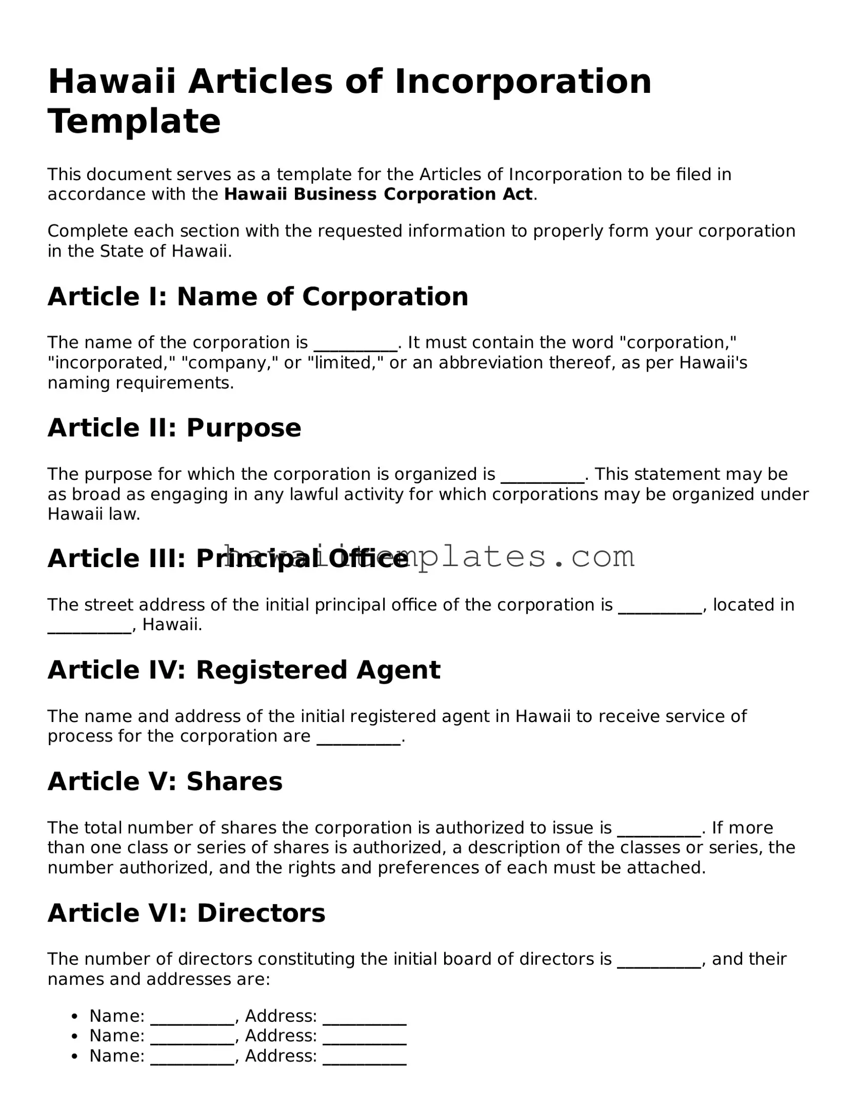 Attorney-Verified Articles of Incorporation Form for Hawaii State
