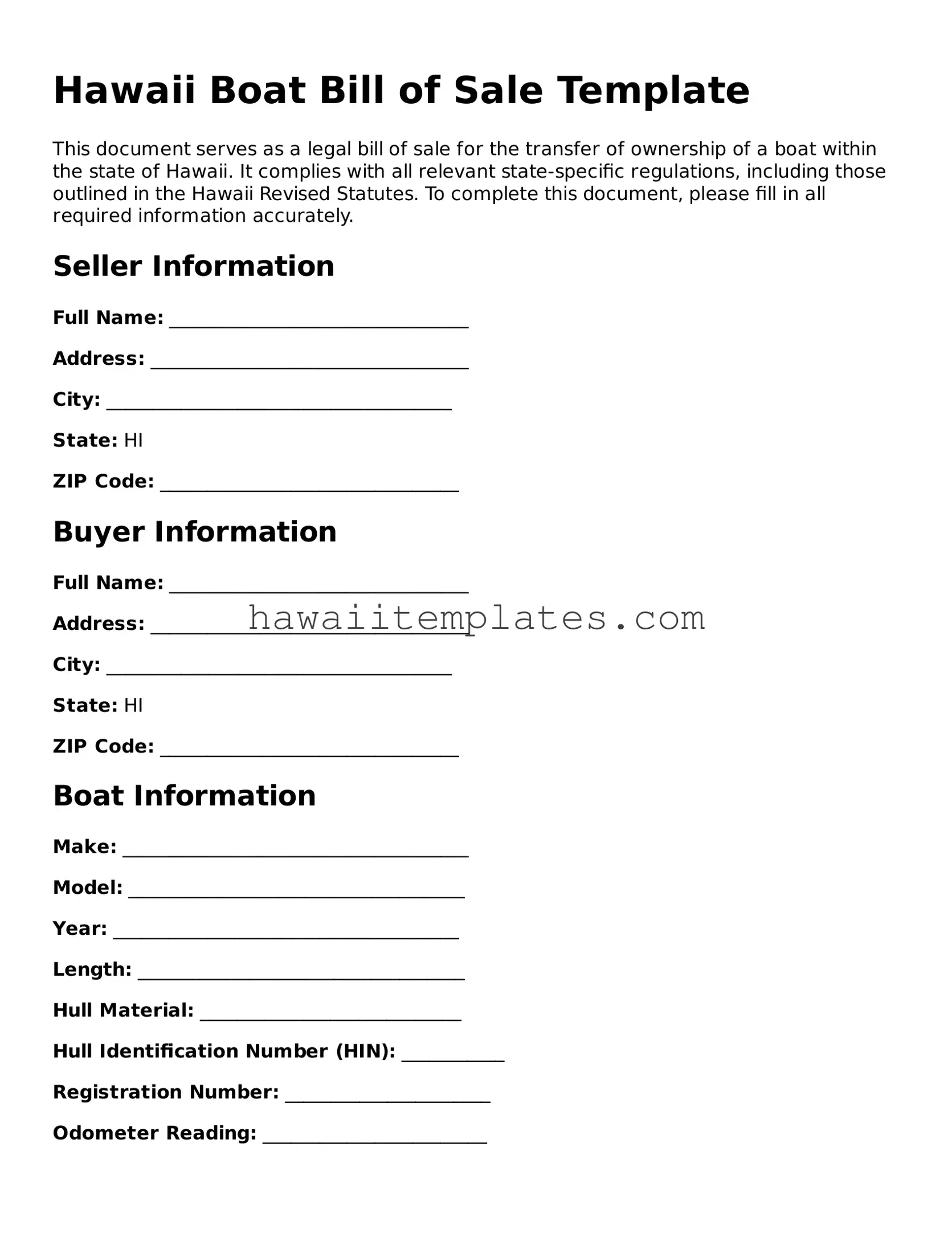 Attorney-Verified Boat Bill of Sale Form for Hawaii State
