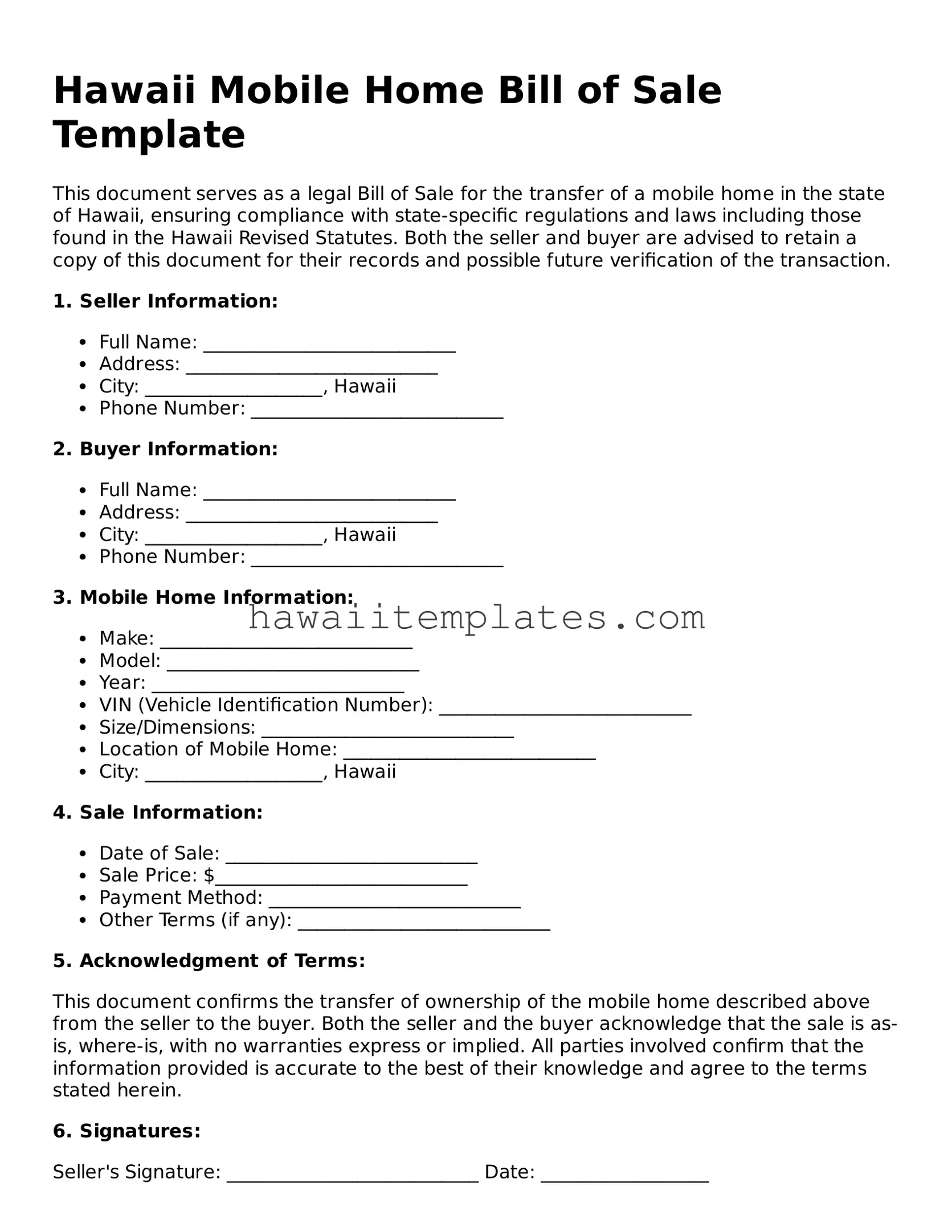 Attorney-Verified Mobile Home Bill of Sale Form for Hawaii State