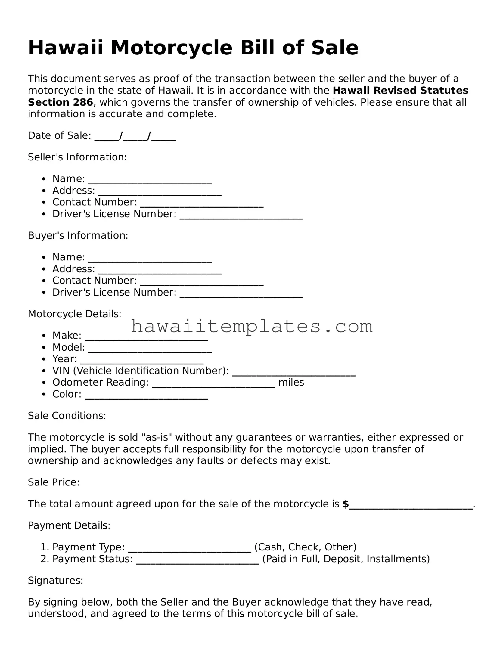 Attorney-Verified Motorcycle Bill of Sale Form for Hawaii State