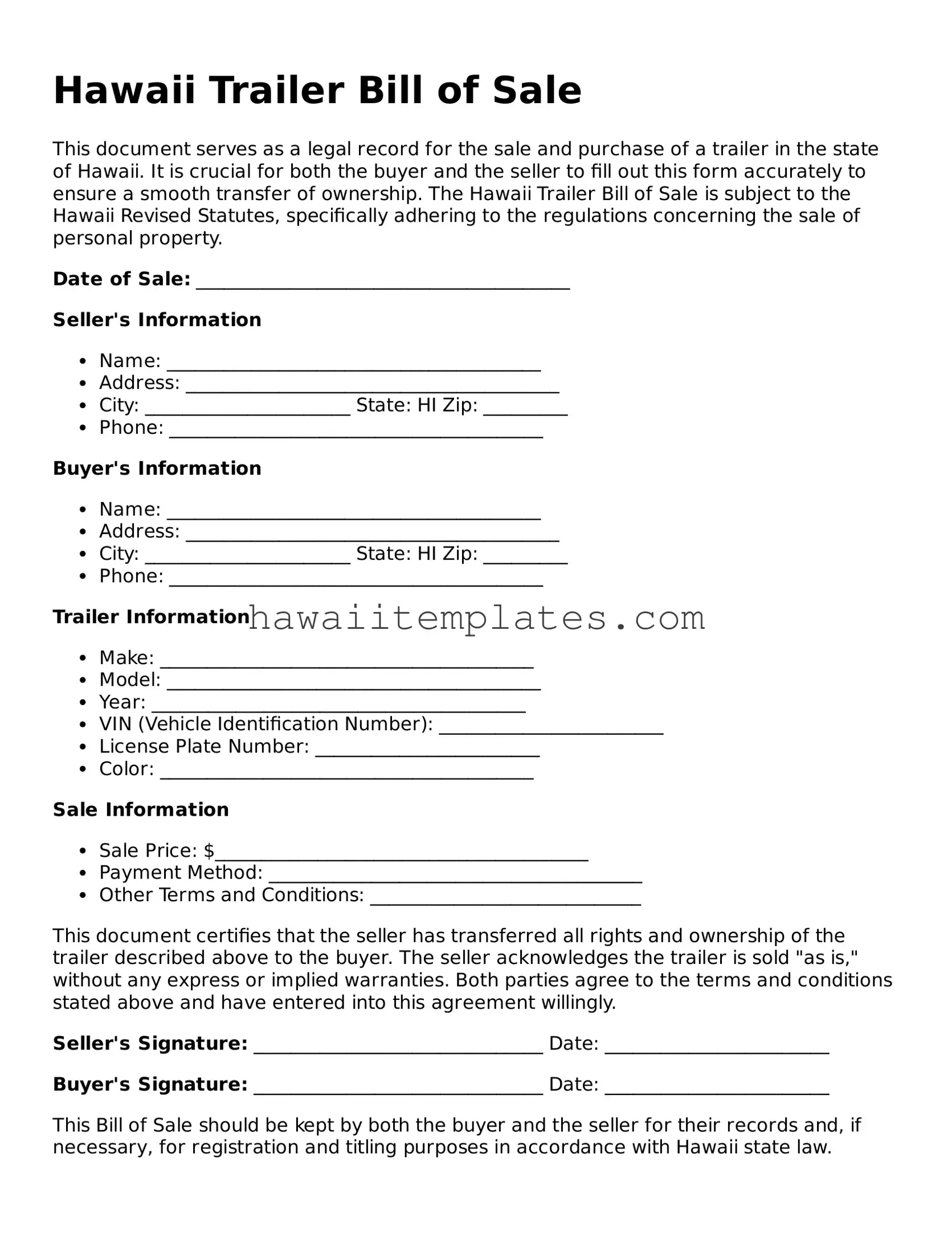 Attorney-Verified Trailer Bill of Sale Form for Hawaii State