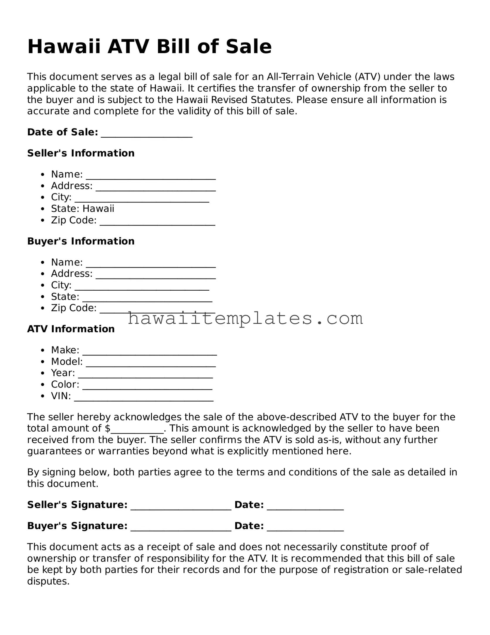 Attorney-Verified ATV Bill of Sale Form for Hawaii State