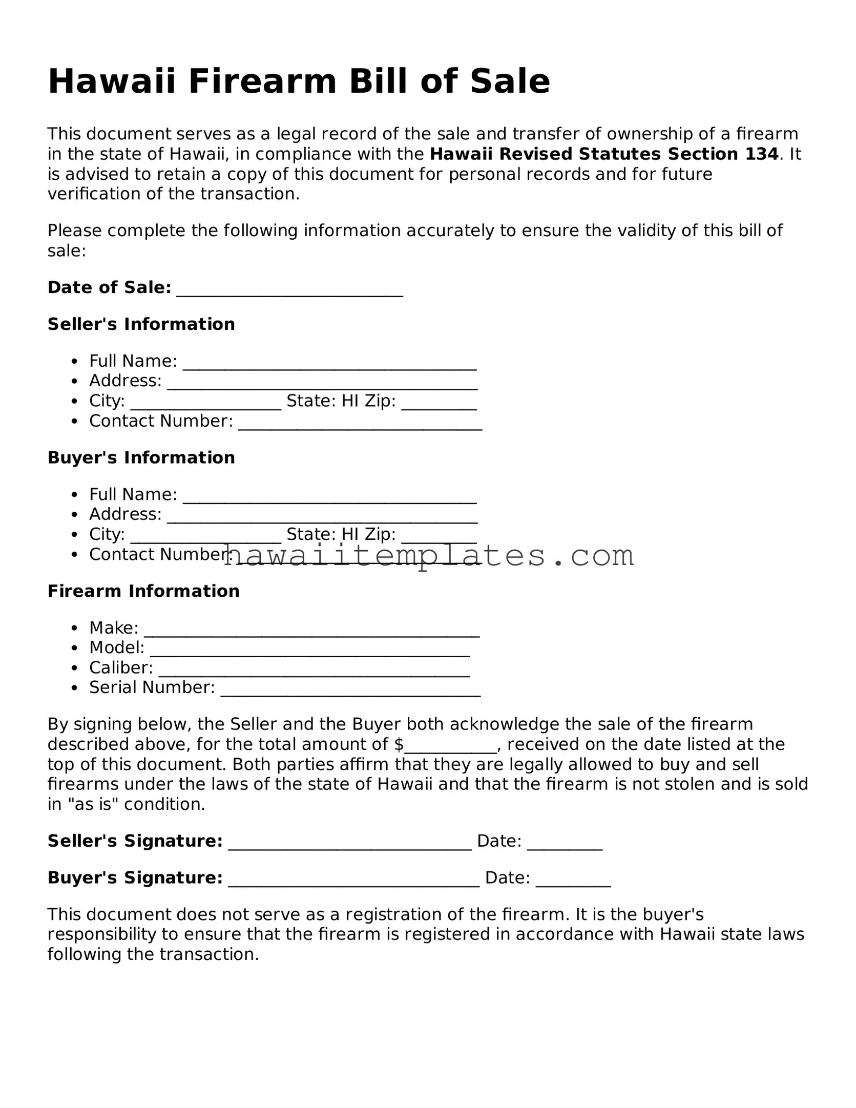Attorney-Verified Firearm Bill of Sale Form for Hawaii State