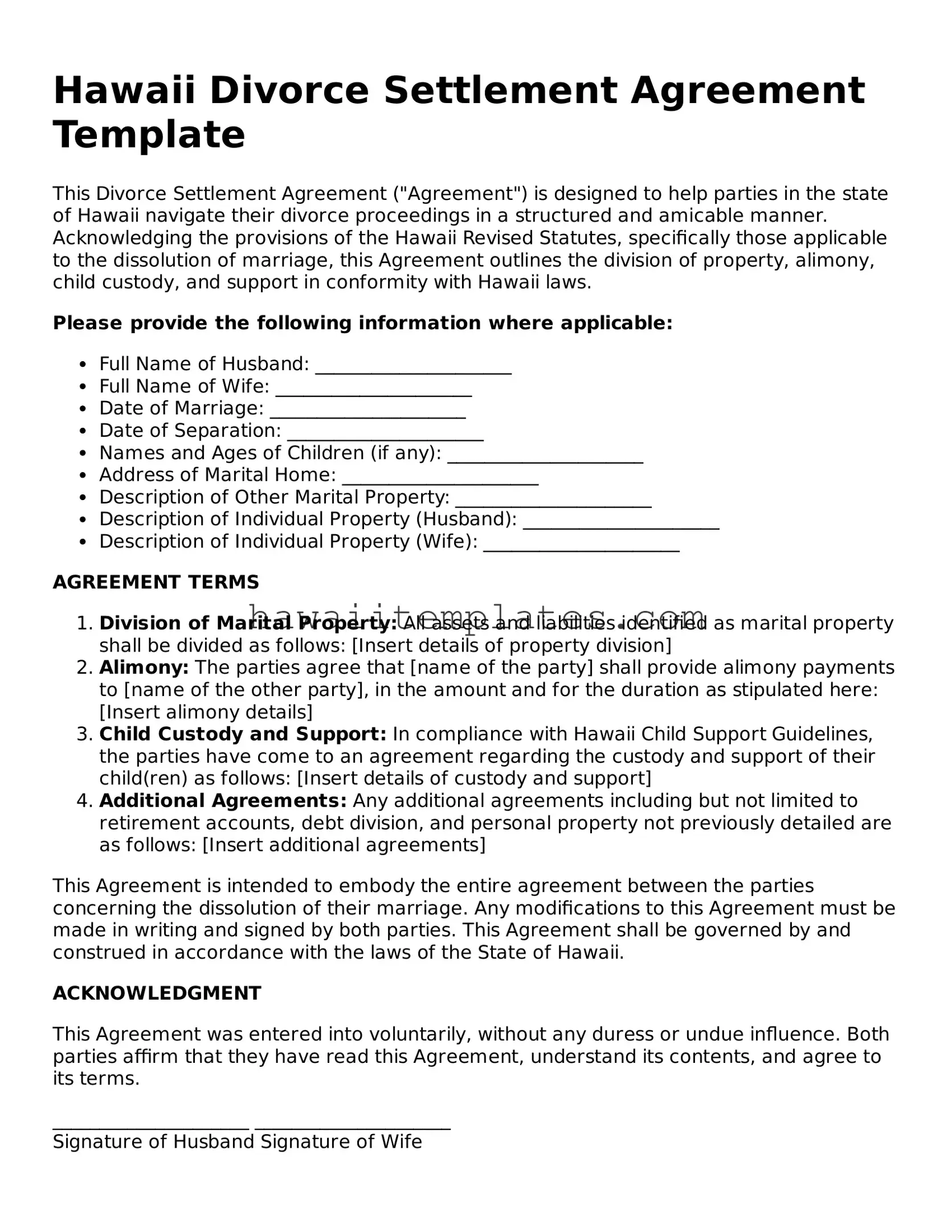 Attorney-Verified Divorce Settlement Agreement Form for Hawaii State