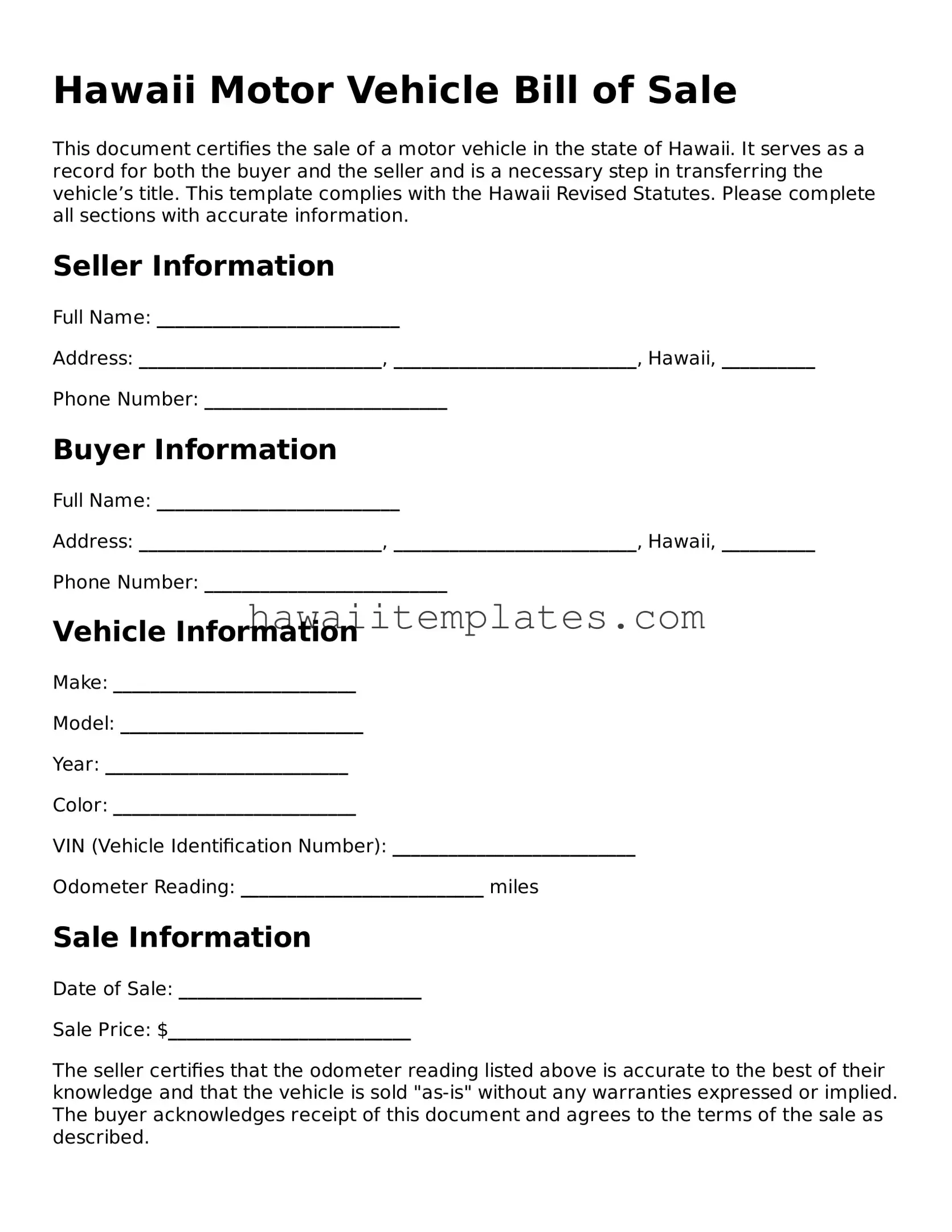 Attorney-Verified Motor Vehicle Bill of Sale Form for Hawaii State