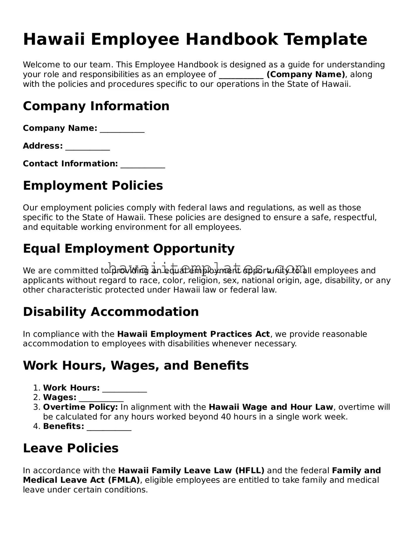 Attorney-Verified Employee Handbook Form for Hawaii State
