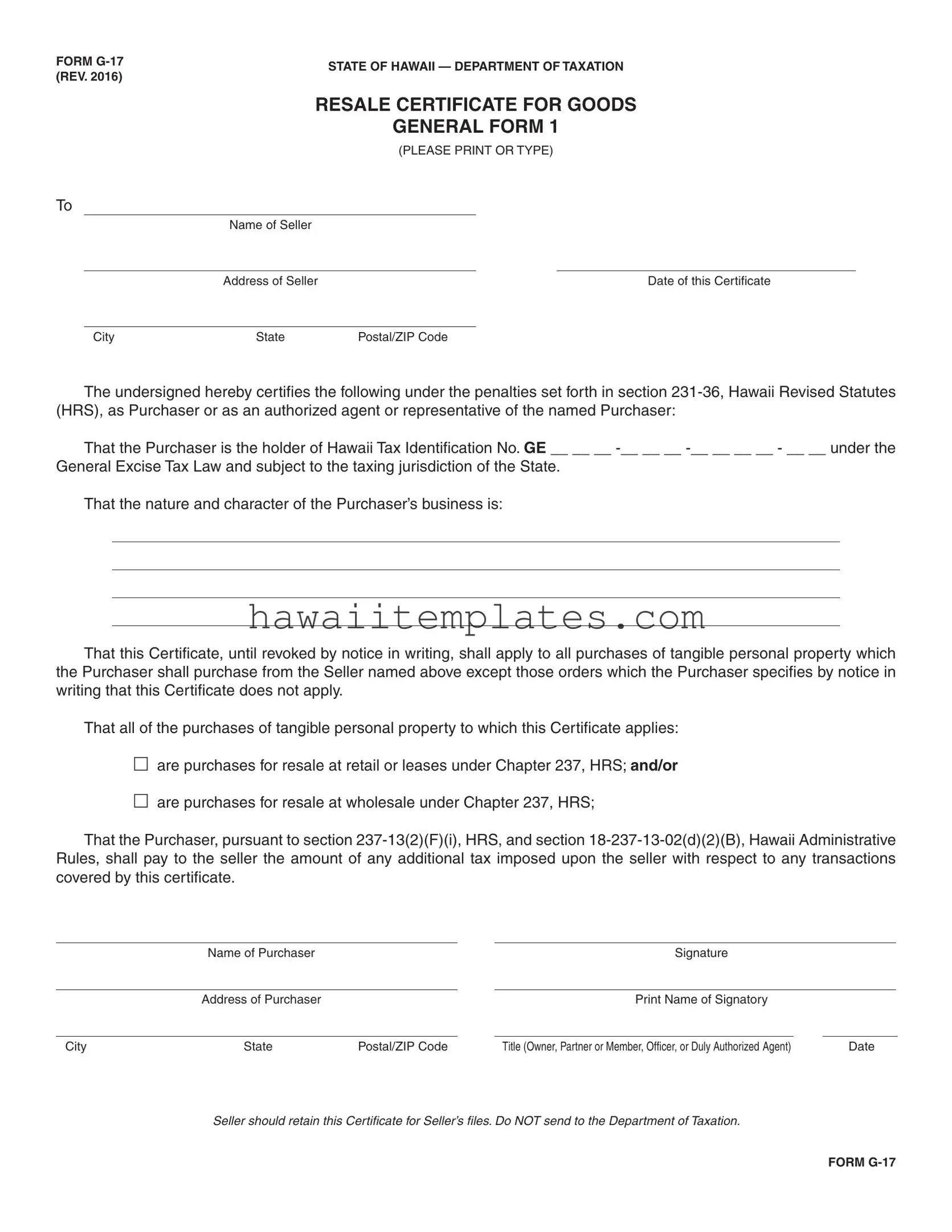 Fill in a Valid Hawaii G 17 Template