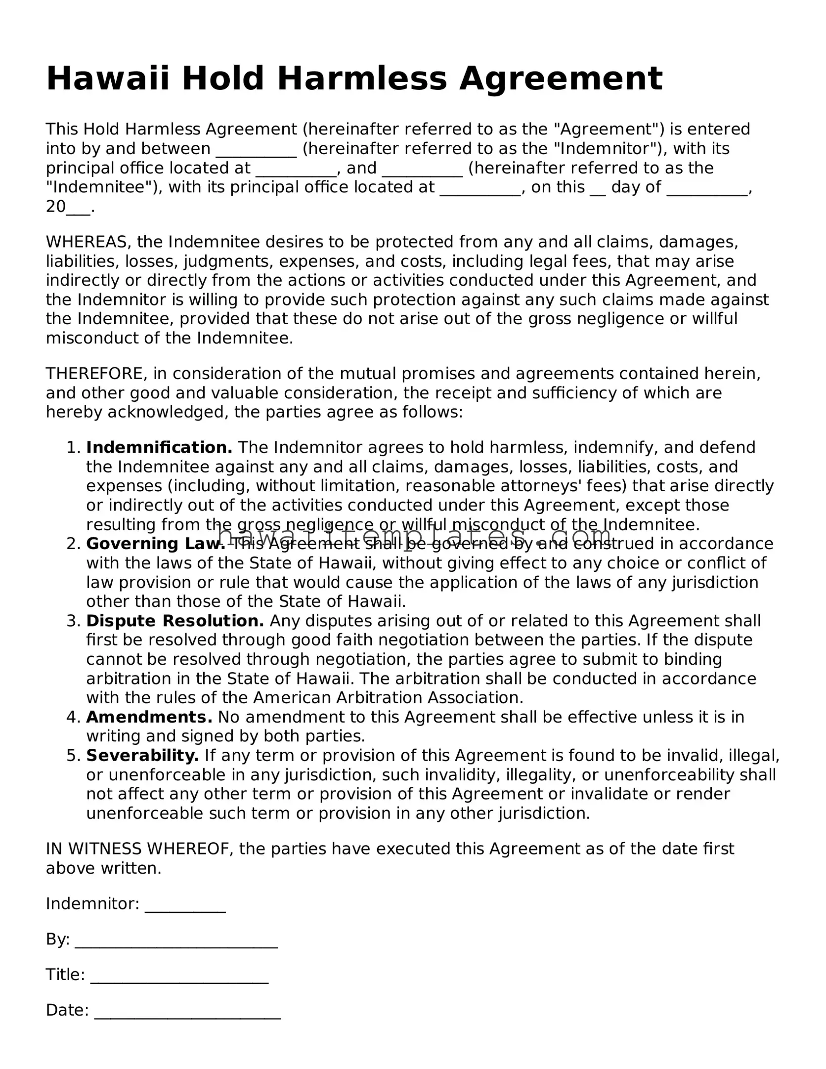 Attorney-Verified Hold Harmless Agreement Form for Hawaii State