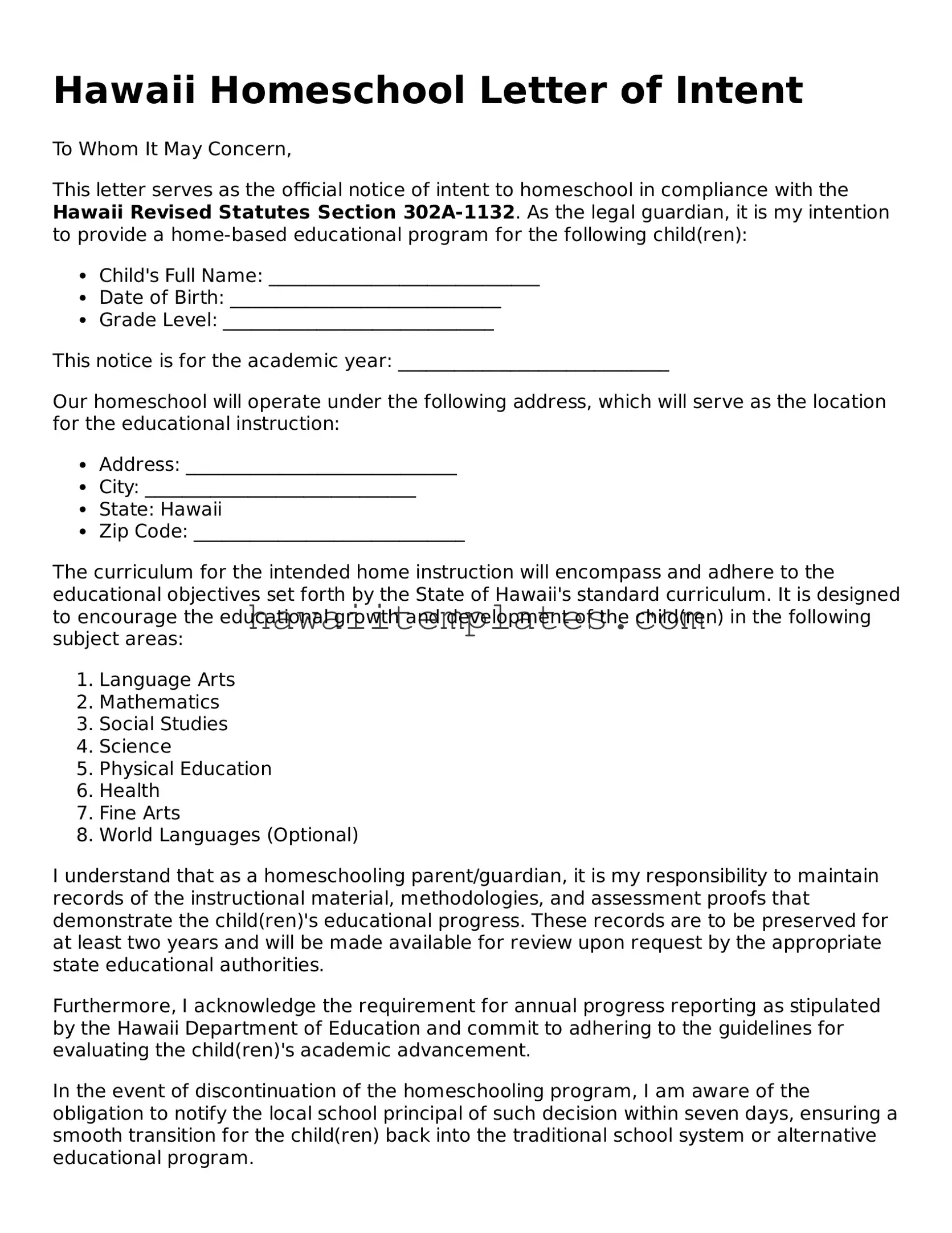Attorney-Verified Homeschool Letter of Intent Form for Hawaii State