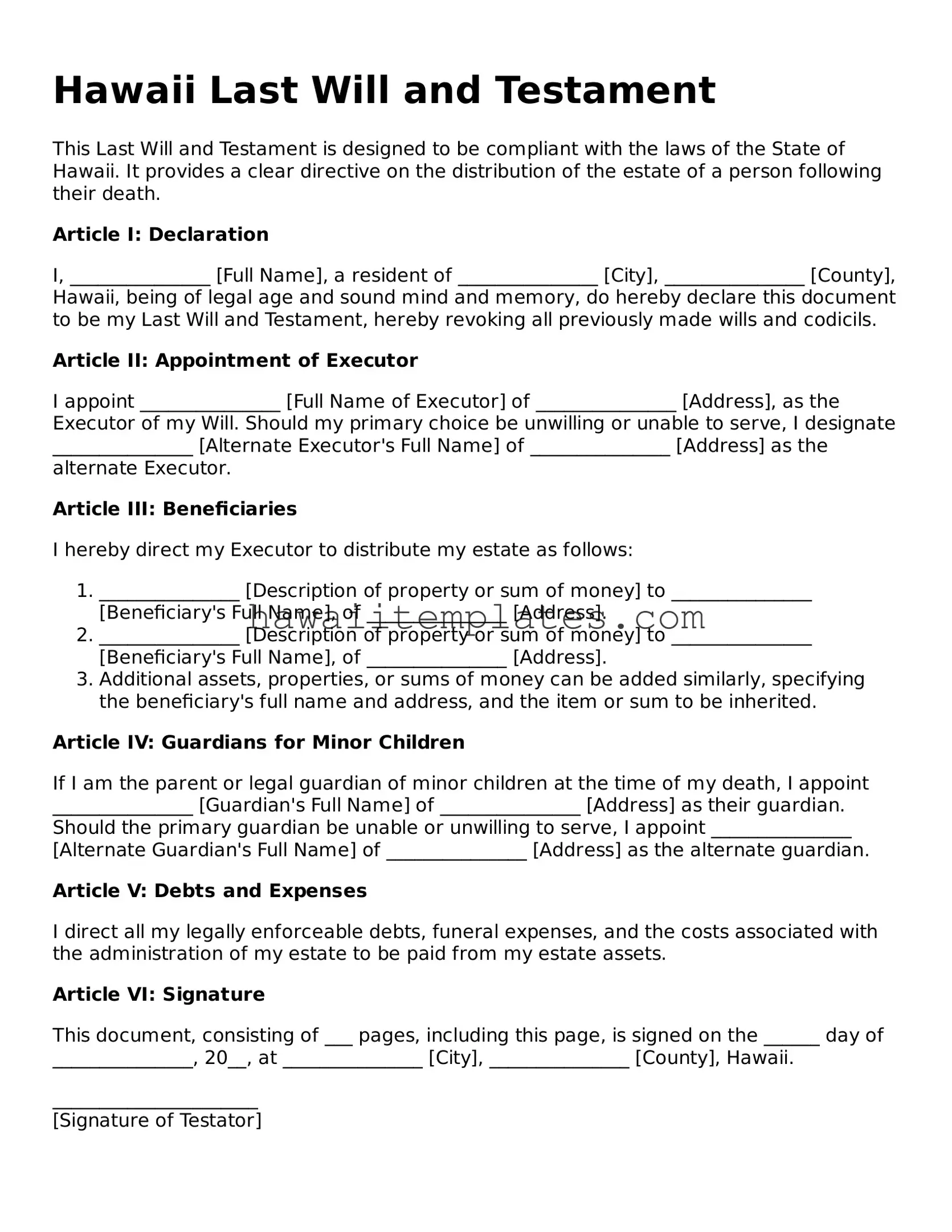 Attorney-Verified Last Will and Testament Form for Hawaii State