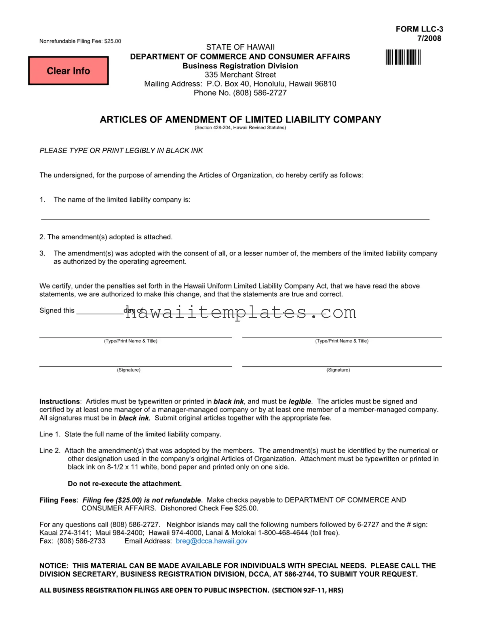 Fill in a Valid Hawaii Llc 3 Template