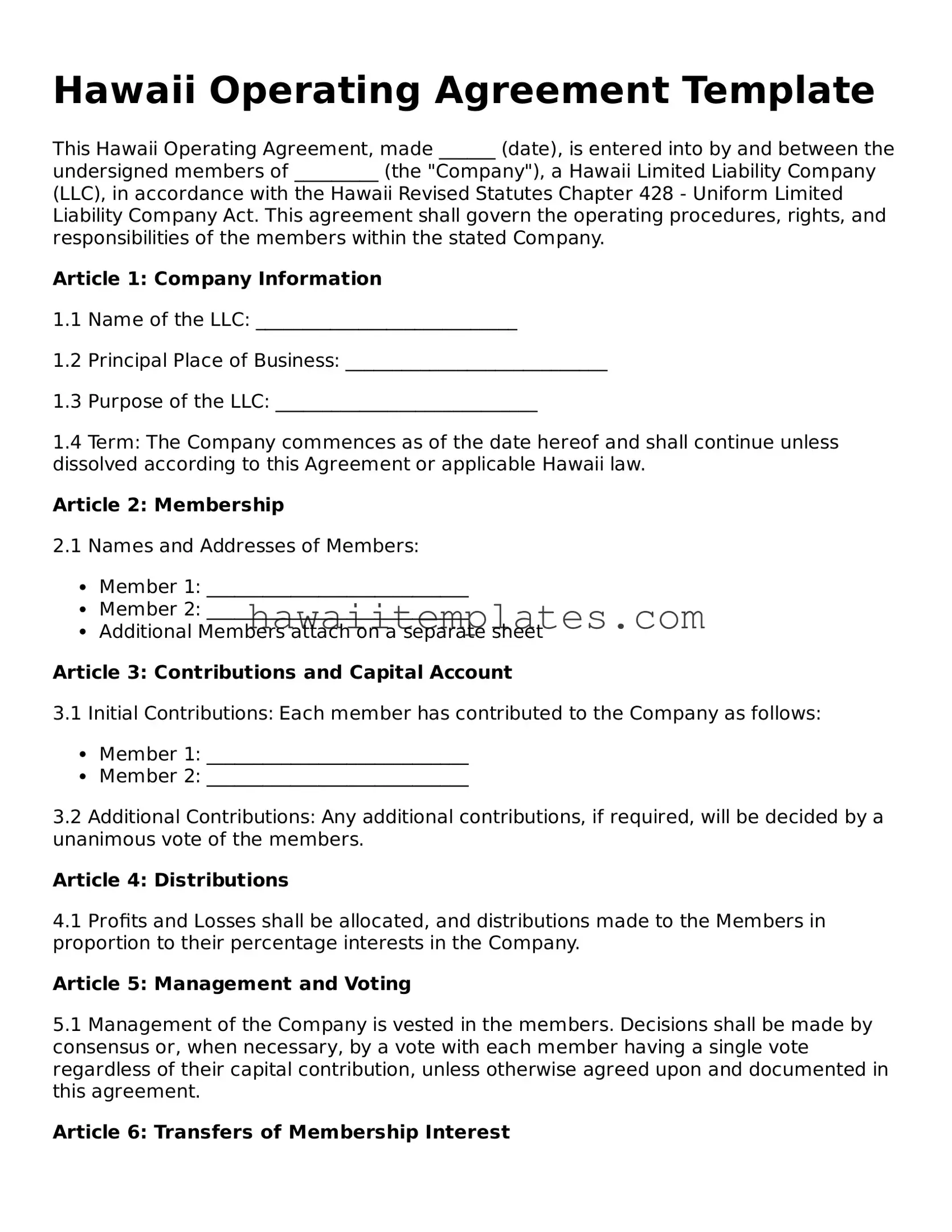Attorney-Verified Operating Agreement Form for Hawaii State