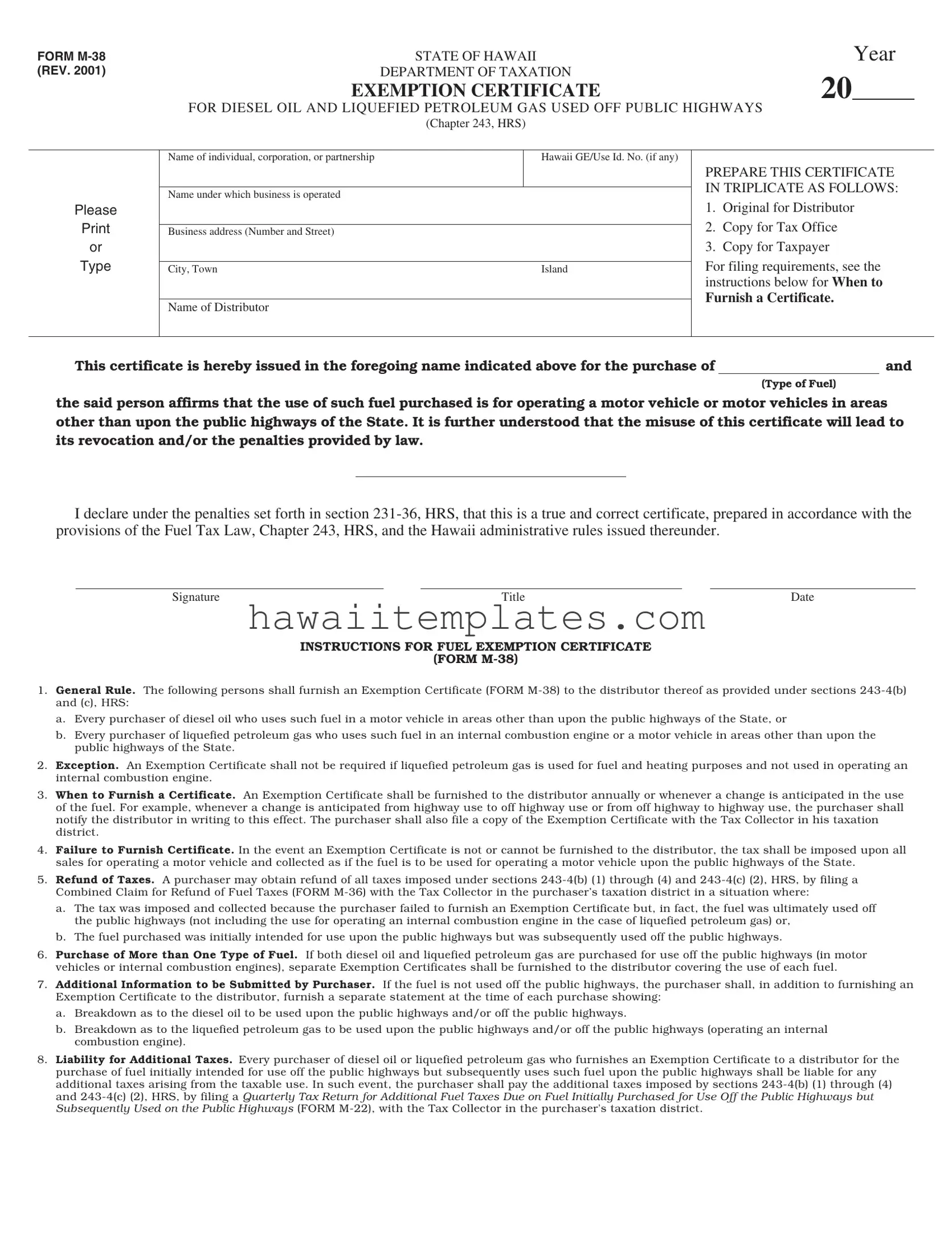 Fill in a Valid Hawaii M 38 Template