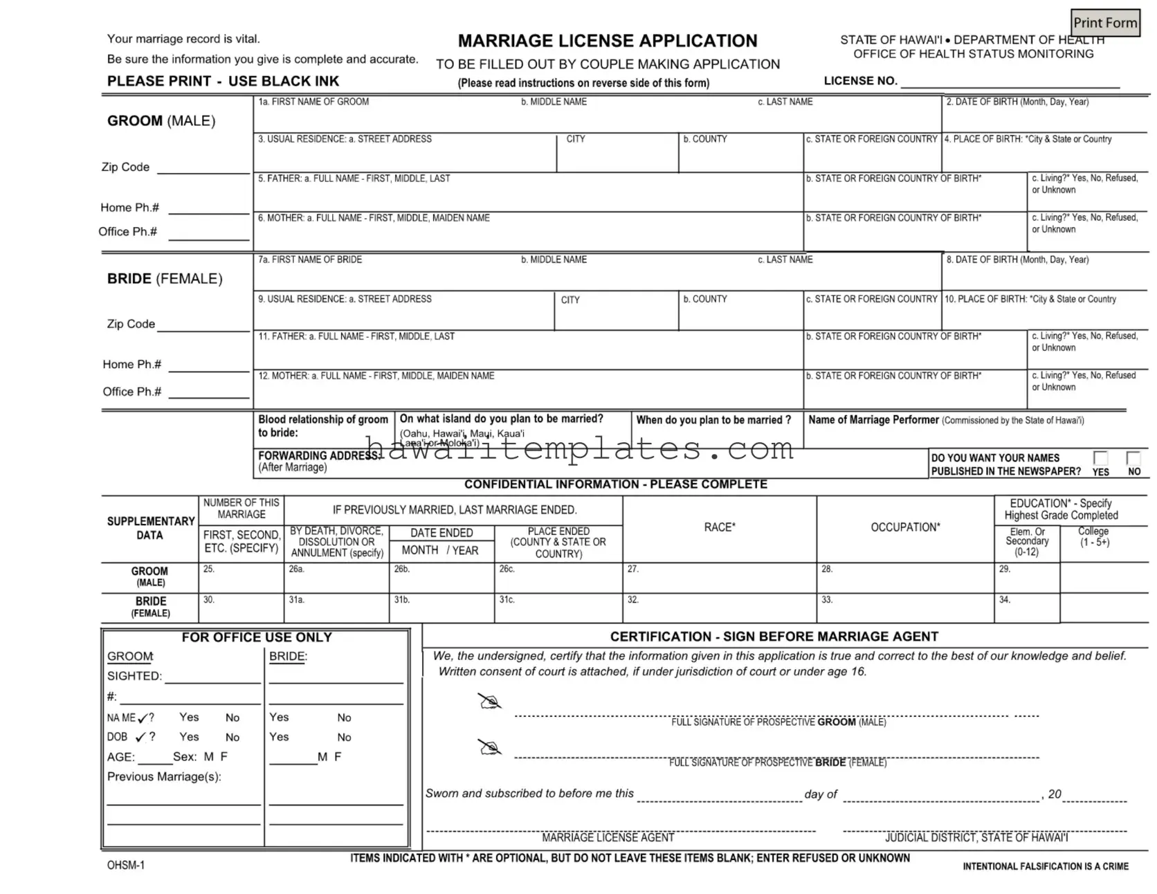 Fill in a Valid Hawaii Marriage Licens Application Template