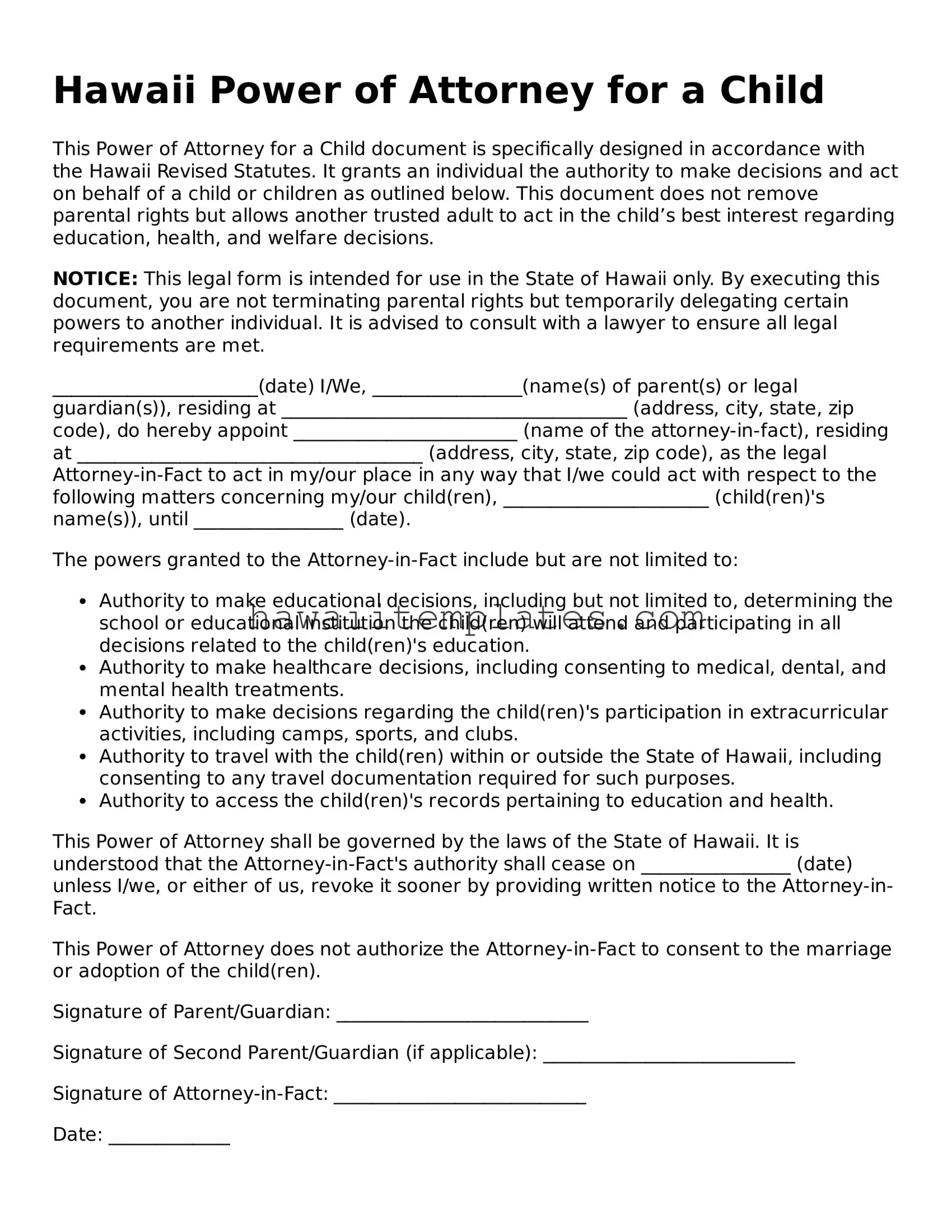 Attorney-Verified Power of Attorney for a Child Form for Hawaii State