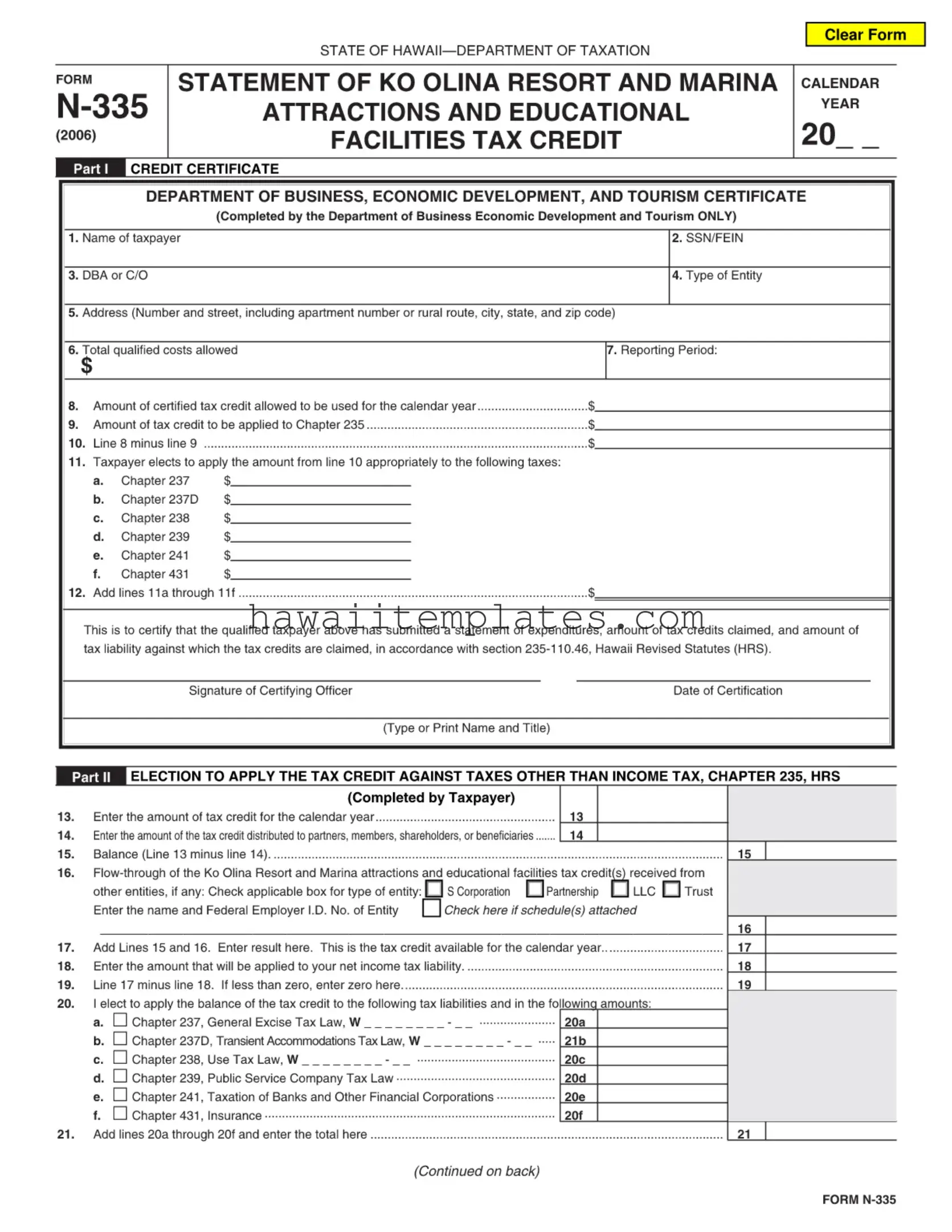 Fill in a Valid Hawaii N 335 Template