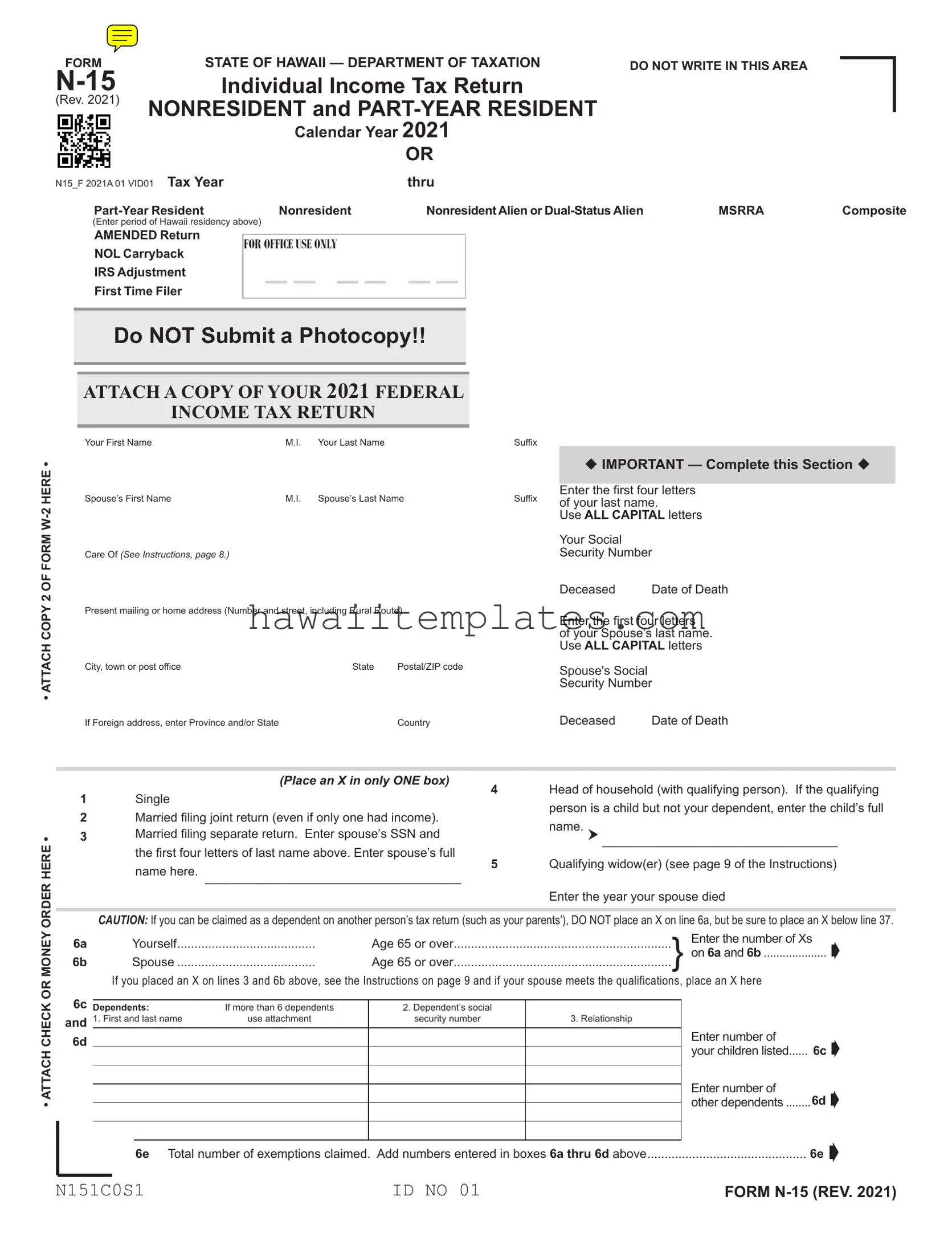 Fill in a Valid Hawaii N15 Tax Template