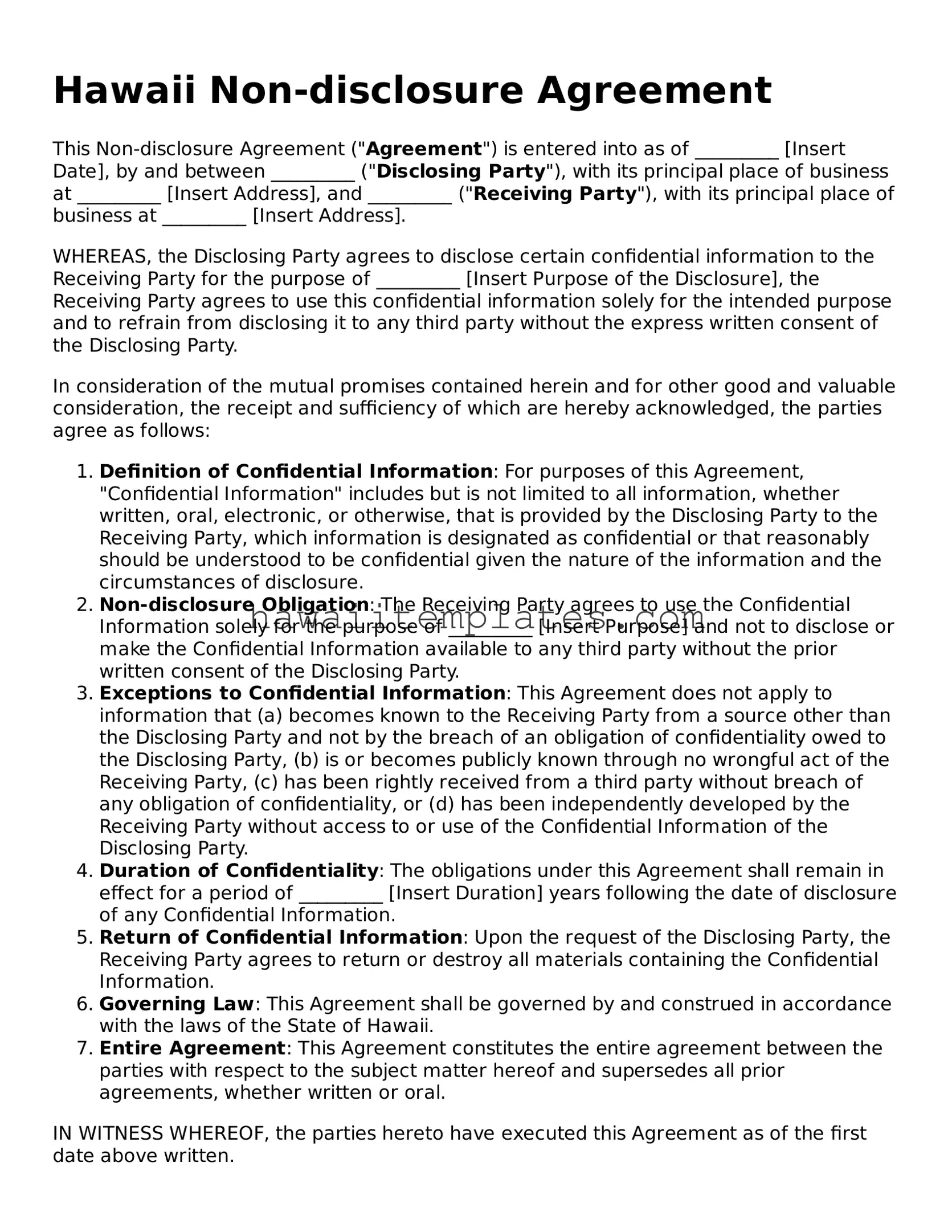 Attorney-Verified Non-disclosure Agreement Form for Hawaii State