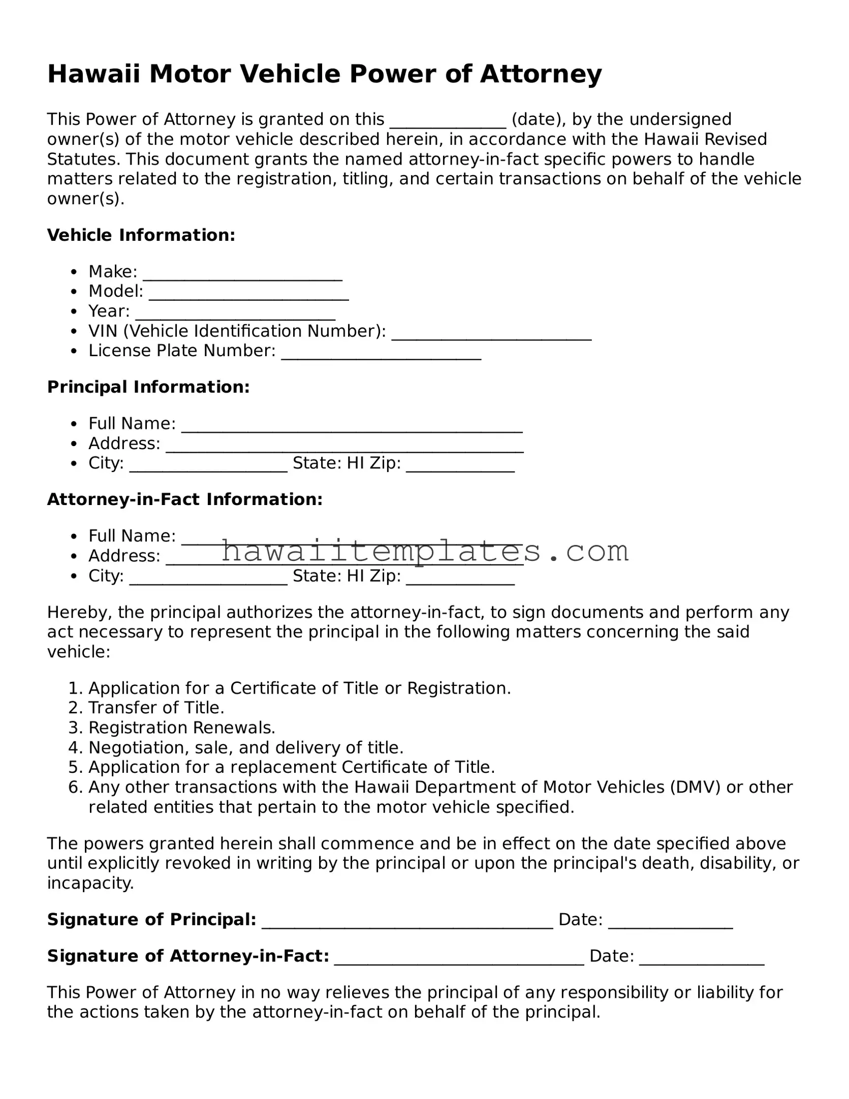 Attorney-Verified Motor Vehicle Power of Attorney Form for Hawaii State