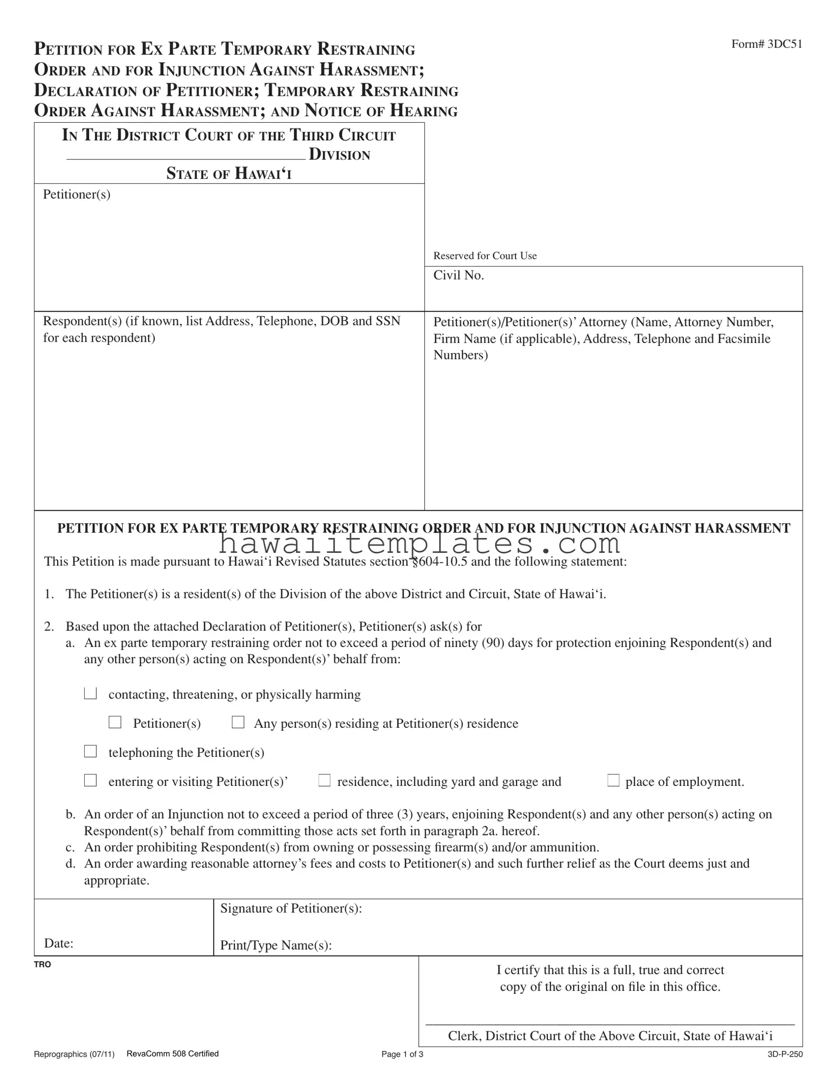Fill in a Valid Hawaii Restraining Order Template