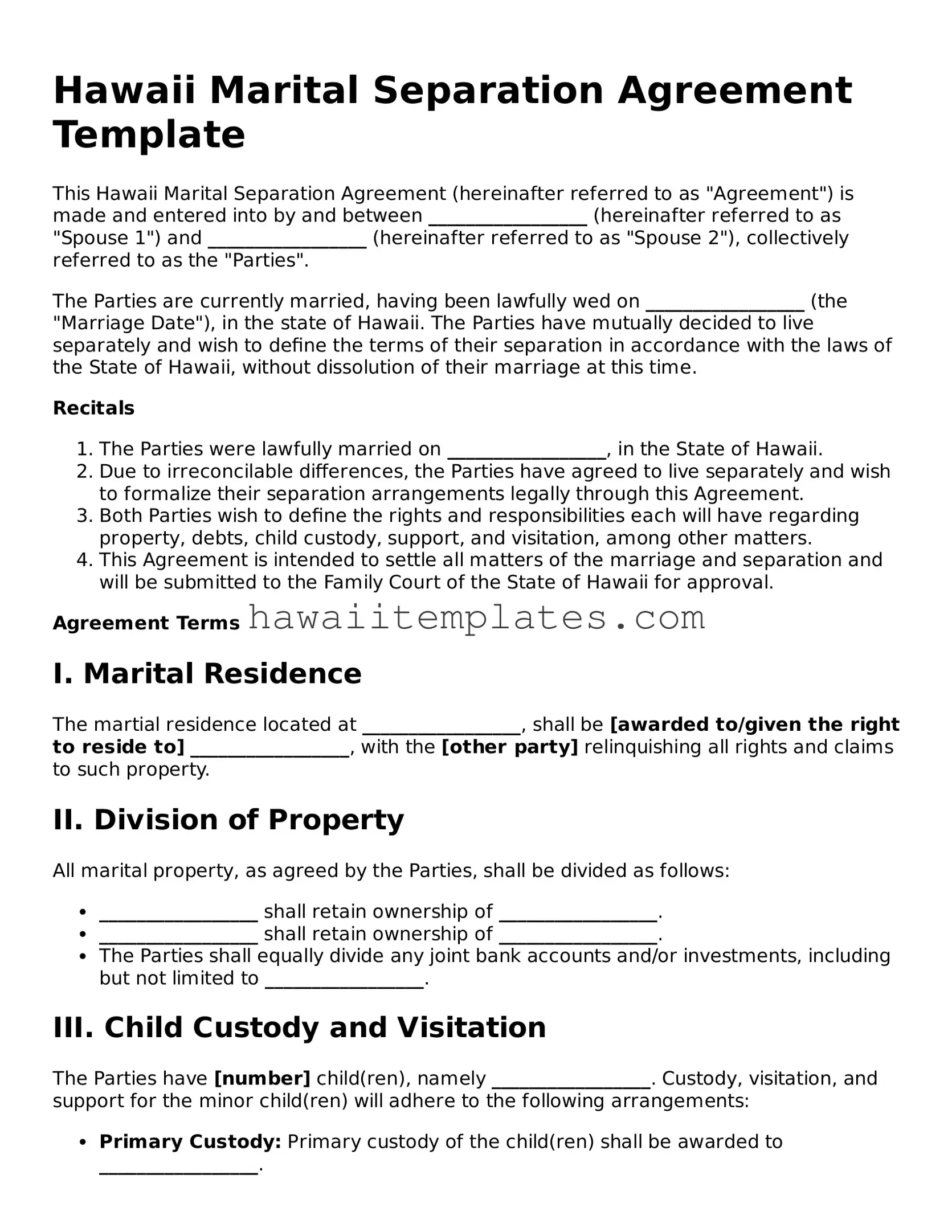 Attorney-Verified Marital Separation Agreement Form for Hawaii State