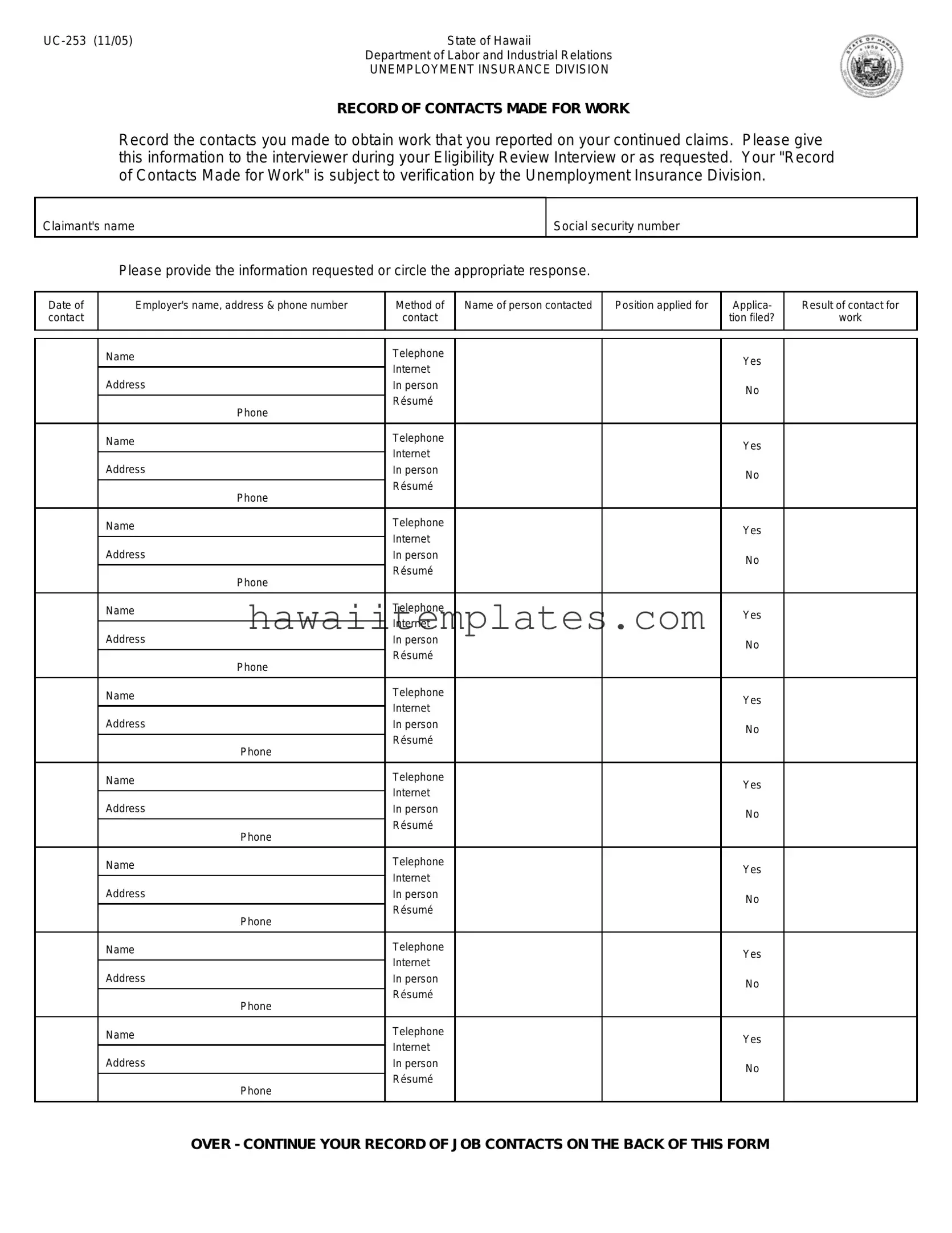 Fill in a Valid Hawaii Uc 253 Template