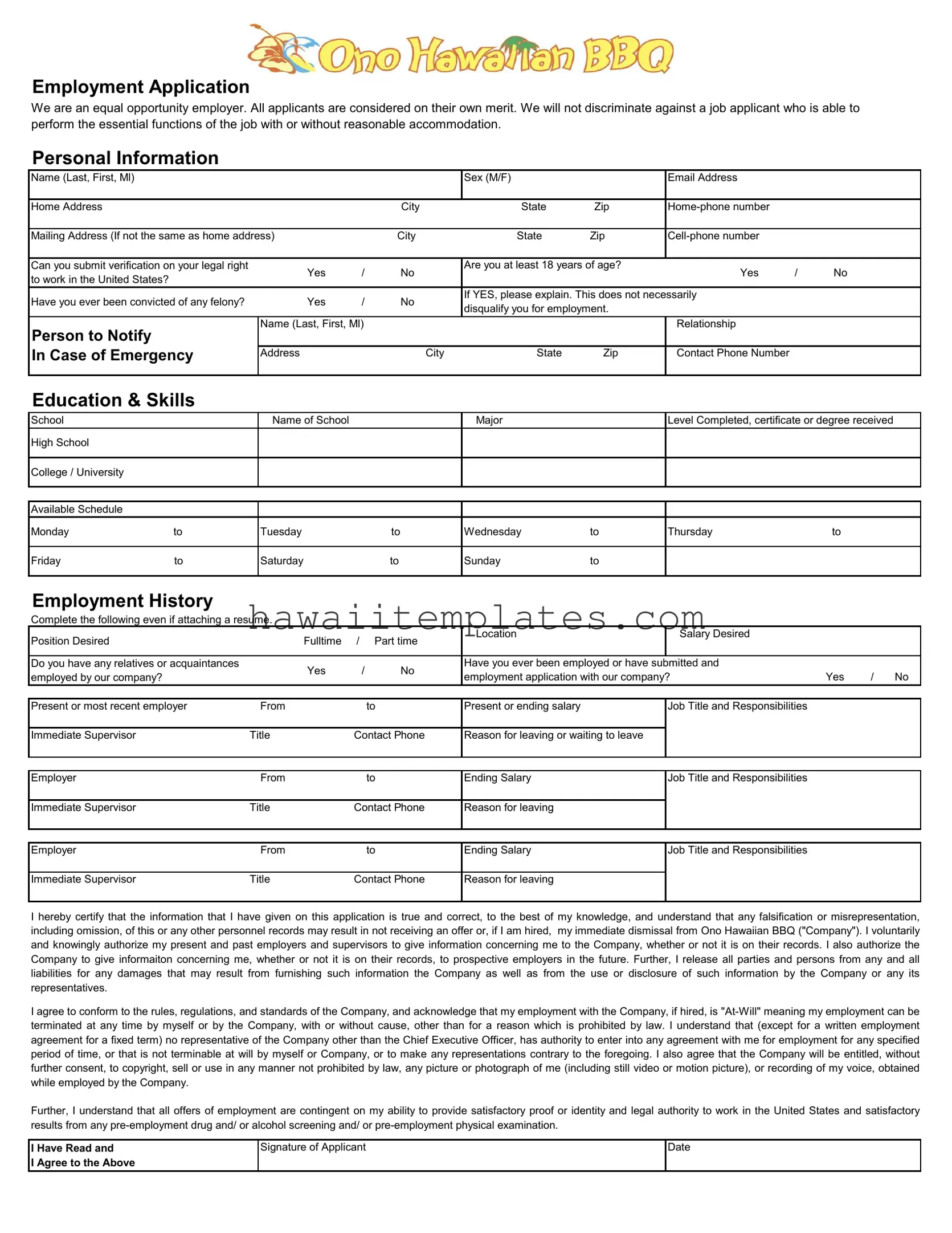Fill in a Valid Ono Hawaiian Bbq Job Application Template