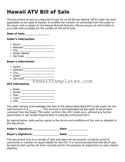 Attorney-Verified ATV Bill of Sale Form for Hawaii State