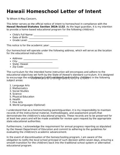 Attorney-Verified Homeschool Letter of Intent Form for Hawaii State