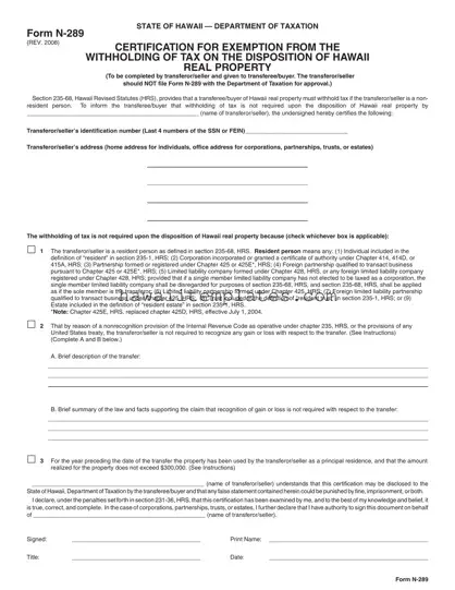Fill in a Valid Hawaii N 289 Template