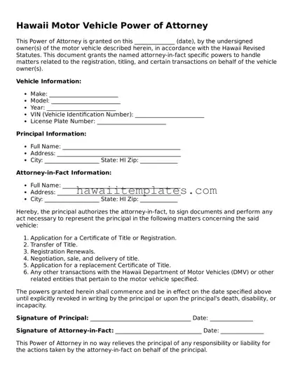 Attorney-Verified Motor Vehicle Power of Attorney Form for Hawaii State