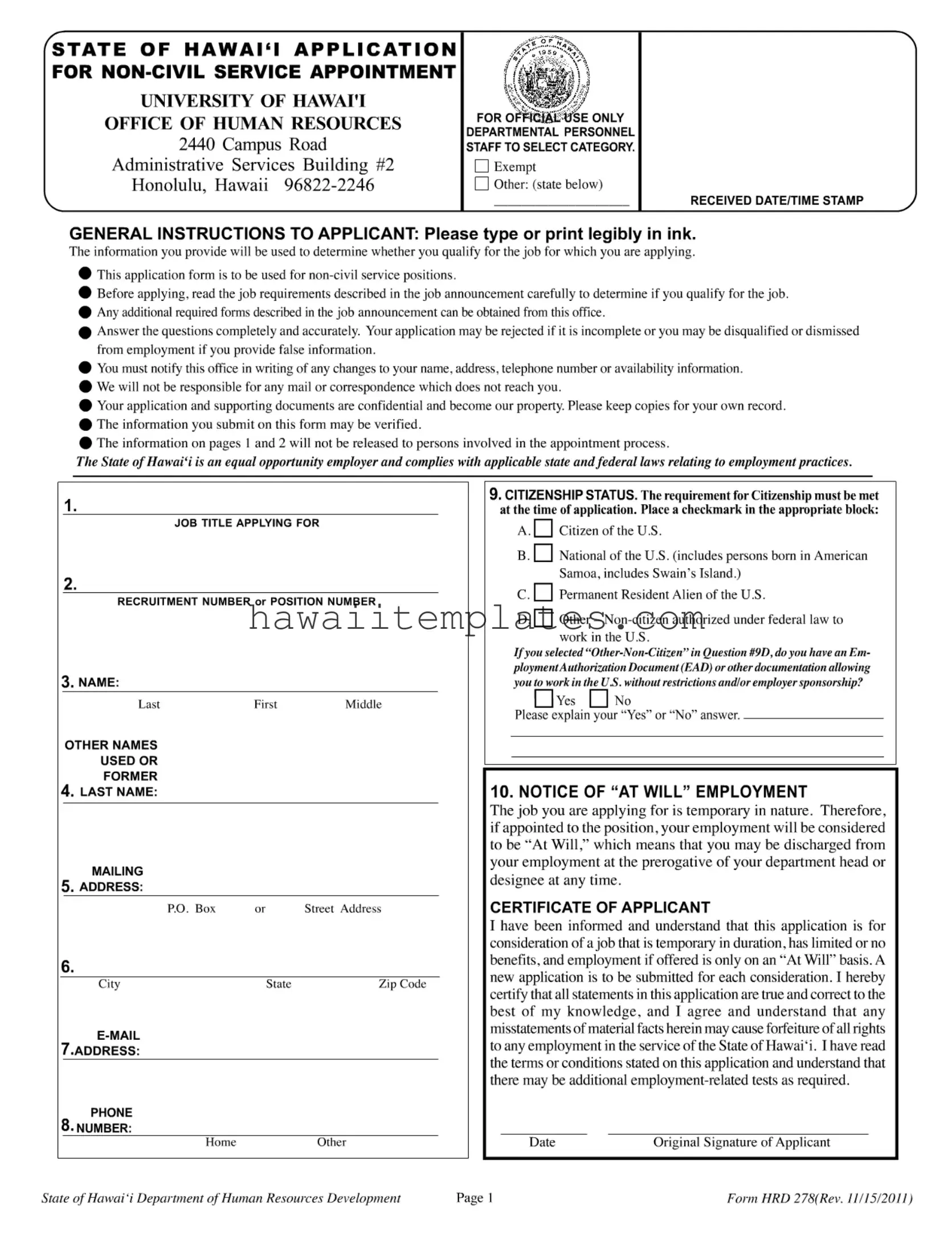 Fill in a Valid State Of Hawaii Hrd 278 Template