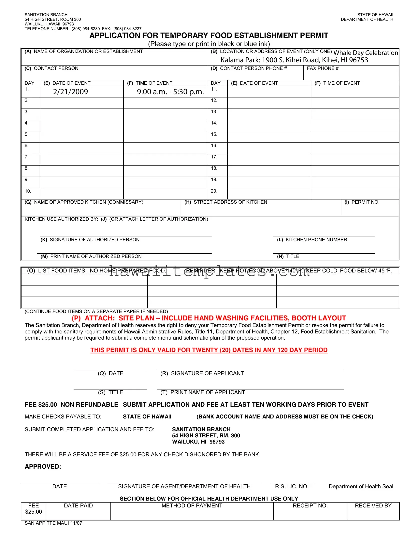 Fill in a Valid Temporary Food Permit Hawaii Template
